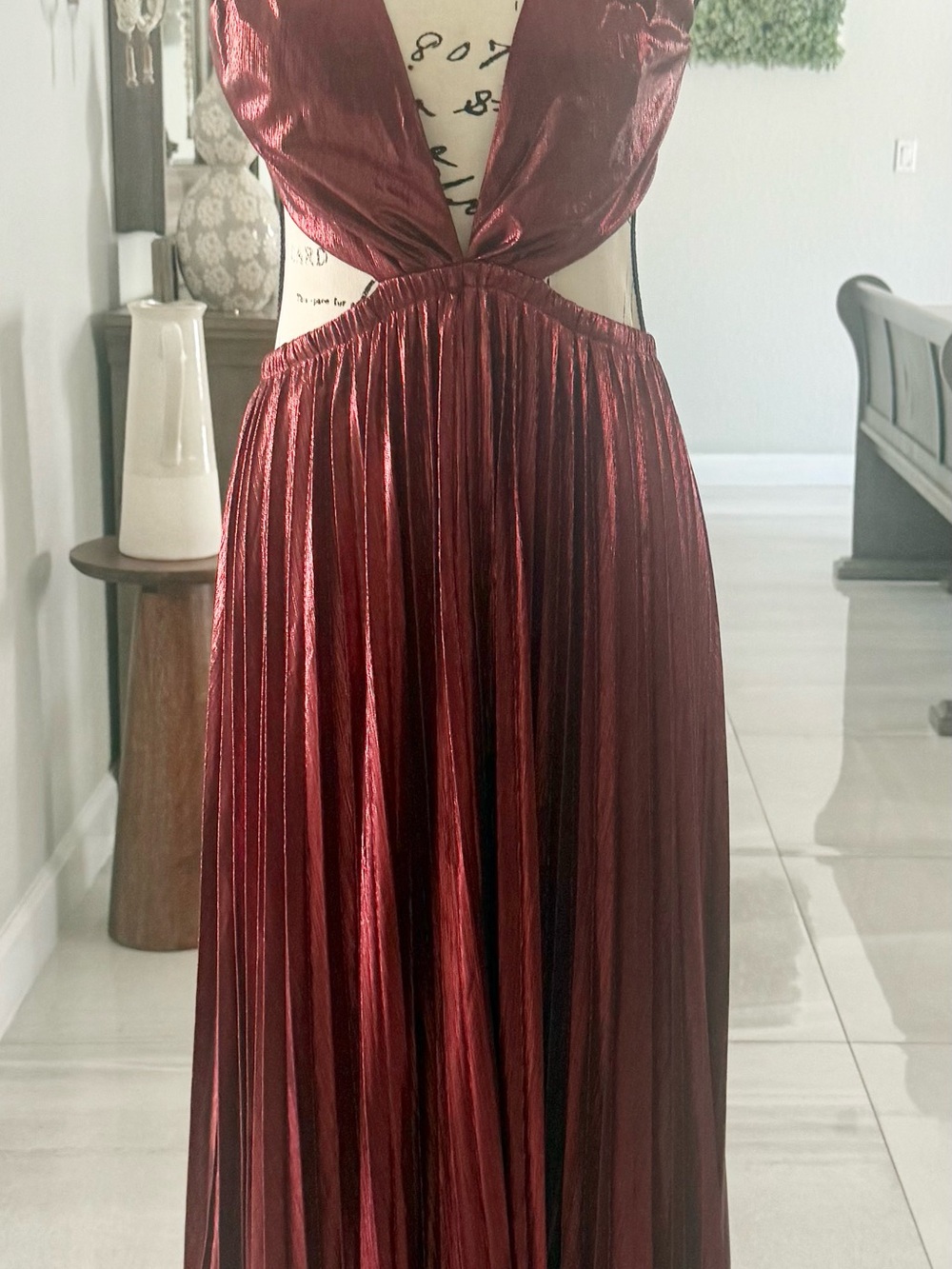 Lulu's Metallic Wine Red Plunge Cutout Pleated Maxi Dress